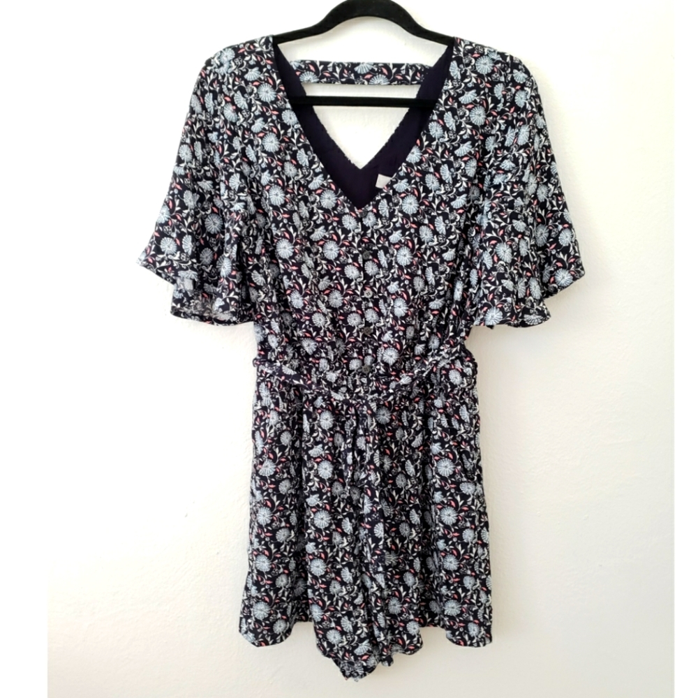 LOFT bar back v-neck flutter sleeve belted romper